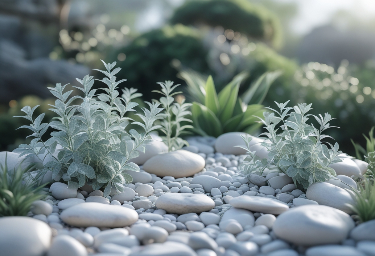 A small garden with light-colored stones and silver-leafed plants arranged among them.