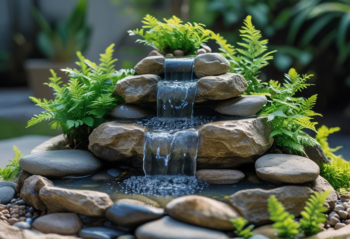A small waterfall flowing over stacked rocks surrounded by green ferns and plants in a garden.