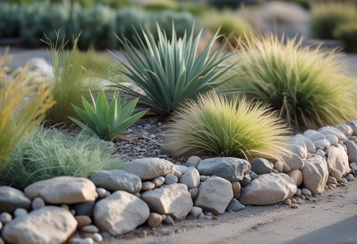 A small rock garden with ornamental grasses and yucca plants bordered by natural stones.