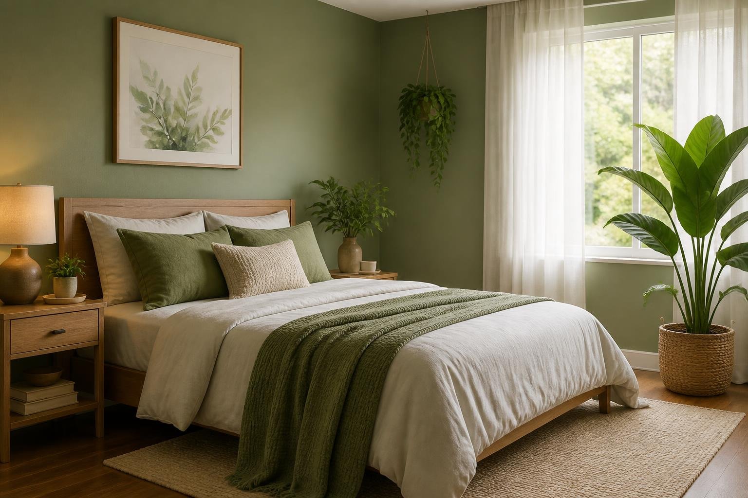 A bedroom with green walls, a bed with green and white bedding, wooden furniture, and indoor plants by a window with sheer curtains.