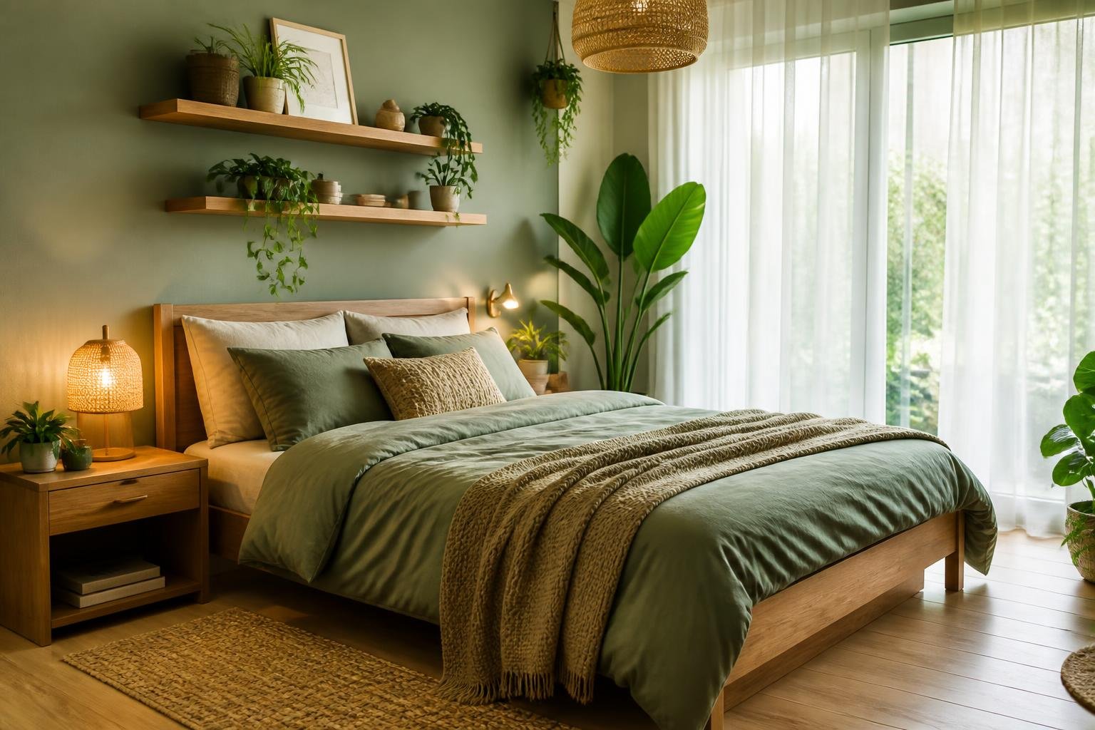 A bedroom with green plants, a neatly made bed with green linens, wooden furniture, and natural light coming through large windows.