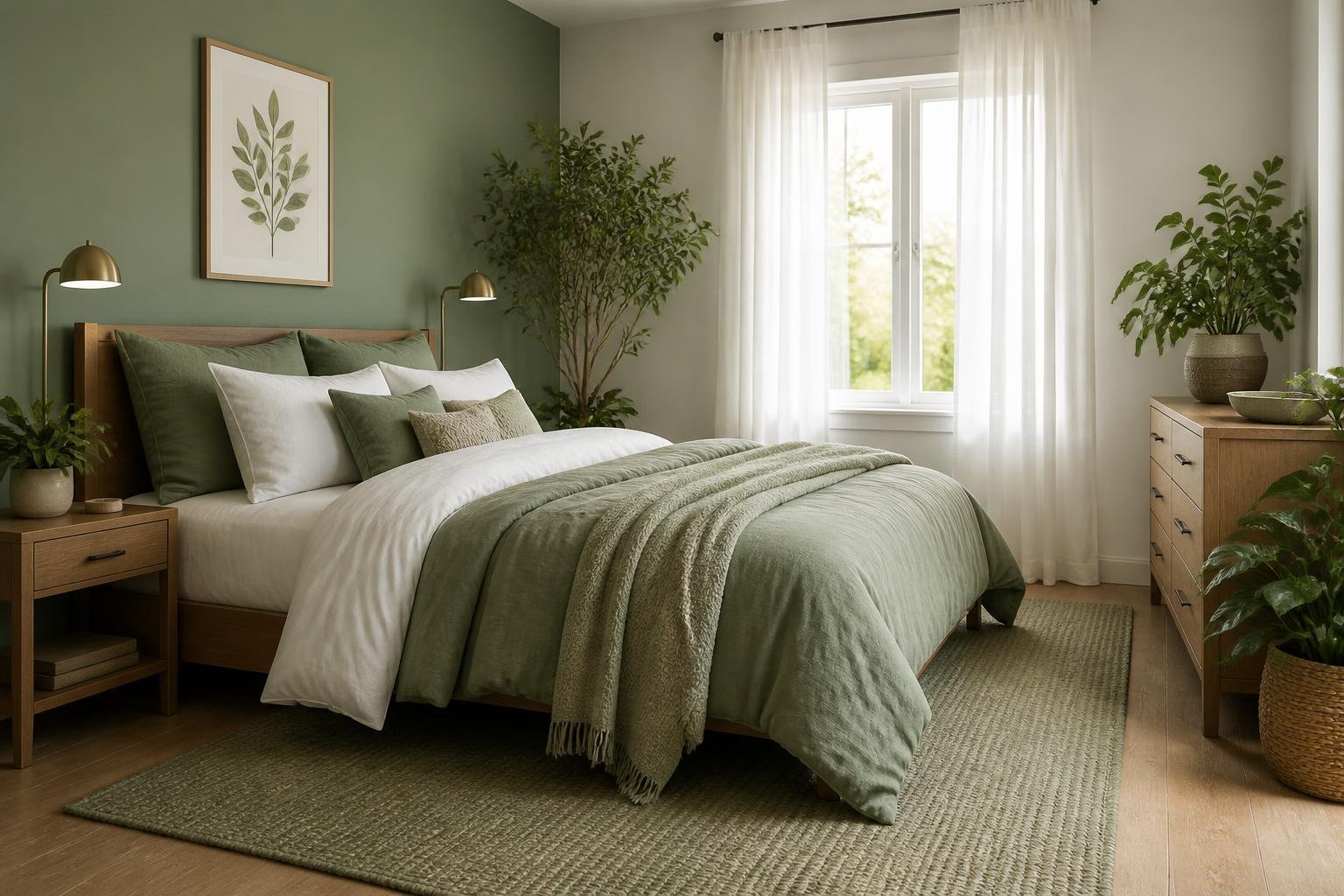 A tidy bedroom with green walls, a bed with green and white bedding, plants on wooden furniture, and natural light coming through a window.