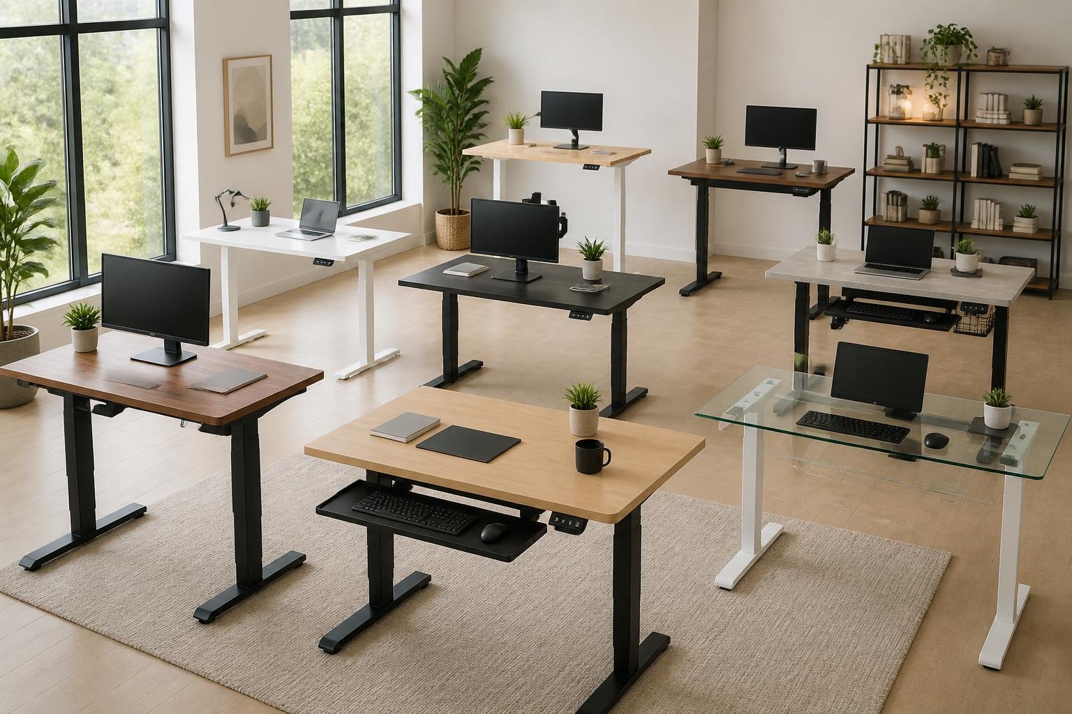 A home office with seven different standing desks arranged in a bright room with large windows and plants.