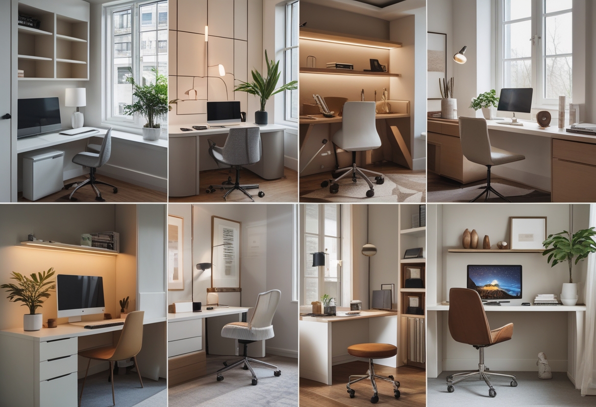 A collage of eight small luxury home office spaces, each with a compact desk, chair, shelves, and decorative items.