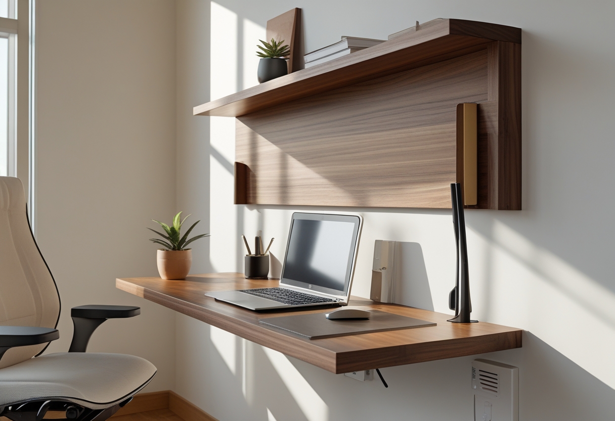 A small home office with a built-in walnut floating desk, a laptop, office accessories, and a chair in a bright, tidy room.
