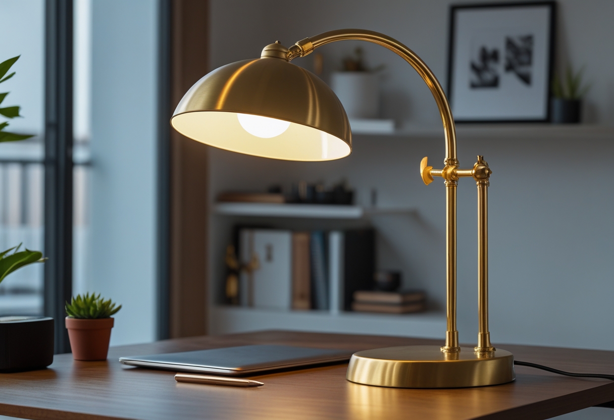 An arched brass desk lamp on a wooden desk in a small home office, casting warm light over a laptop and notebook with a plant and bookshelf in the background.