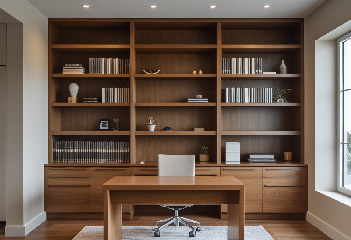 A small home office with floor-to-ceiling built-in wooden shelves and hidden filing drawers, a desk, and a chair.