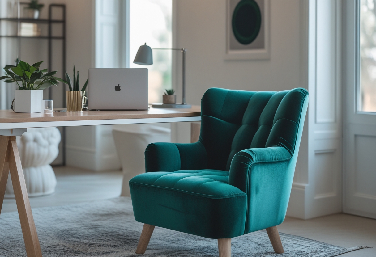 A home office corner with a velvet slipper chair, wooden desk, laptop, plant, and decorative items in a bright room.