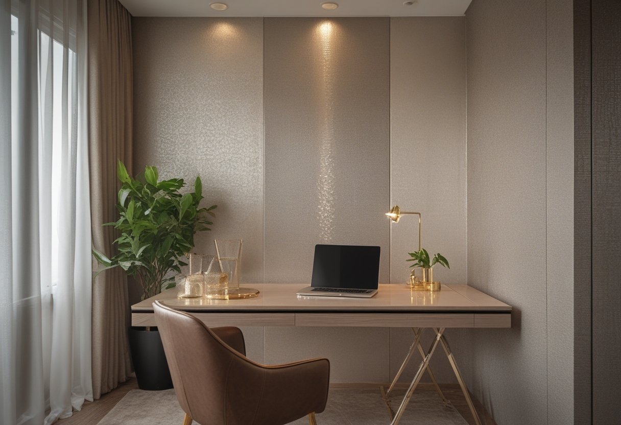 A small home office with a wooden desk, laptop, leather chair, potted plant, and a patterned silk wallpaper accent wall.