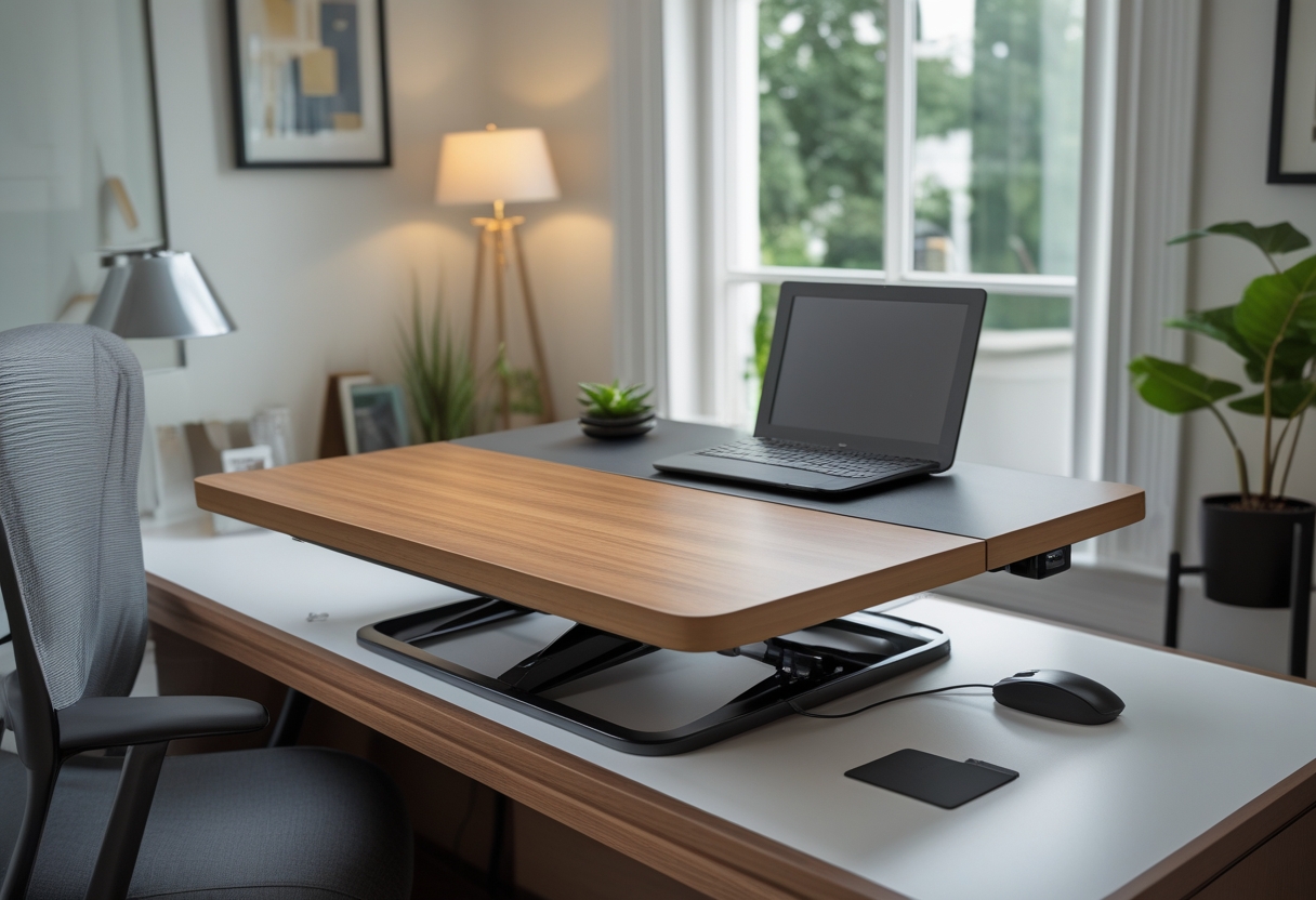 A compact ergonomic standing desk converter with a wood top on a home office desk, surrounded by a laptop, chair, plant, and decorative items in a small, well-lit workspace.