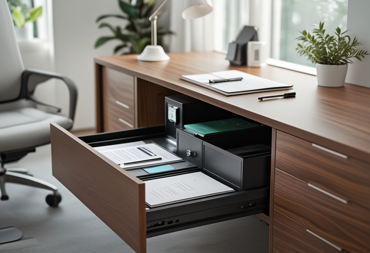An under-desk drawer open to show organized documents and valuables inside a modern home office.