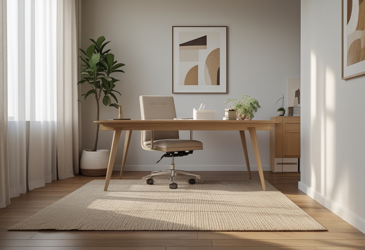 A small home office with a wooden desk, ergonomic chair, laptop, and a neutral wool area rug defining the workspace.