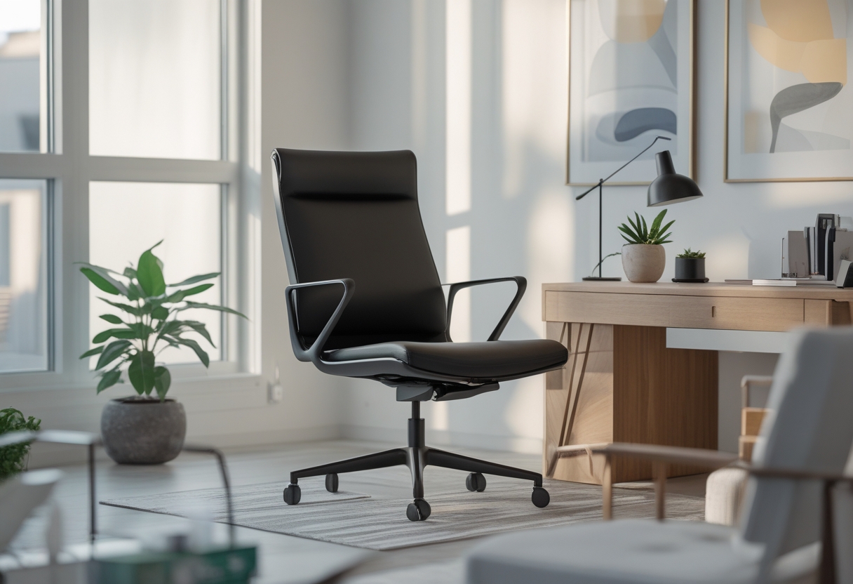 A modern home office with a matte black task chair at a wooden desk, natural light from large windows, and stylish decor including a plant and bookshelf.