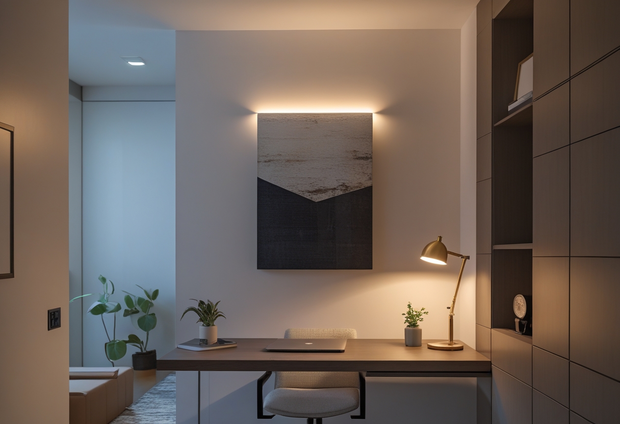 A small home office with a wooden desk, ergonomic chair, wall-mounted LED lights illuminating artwork, and minimal decor.