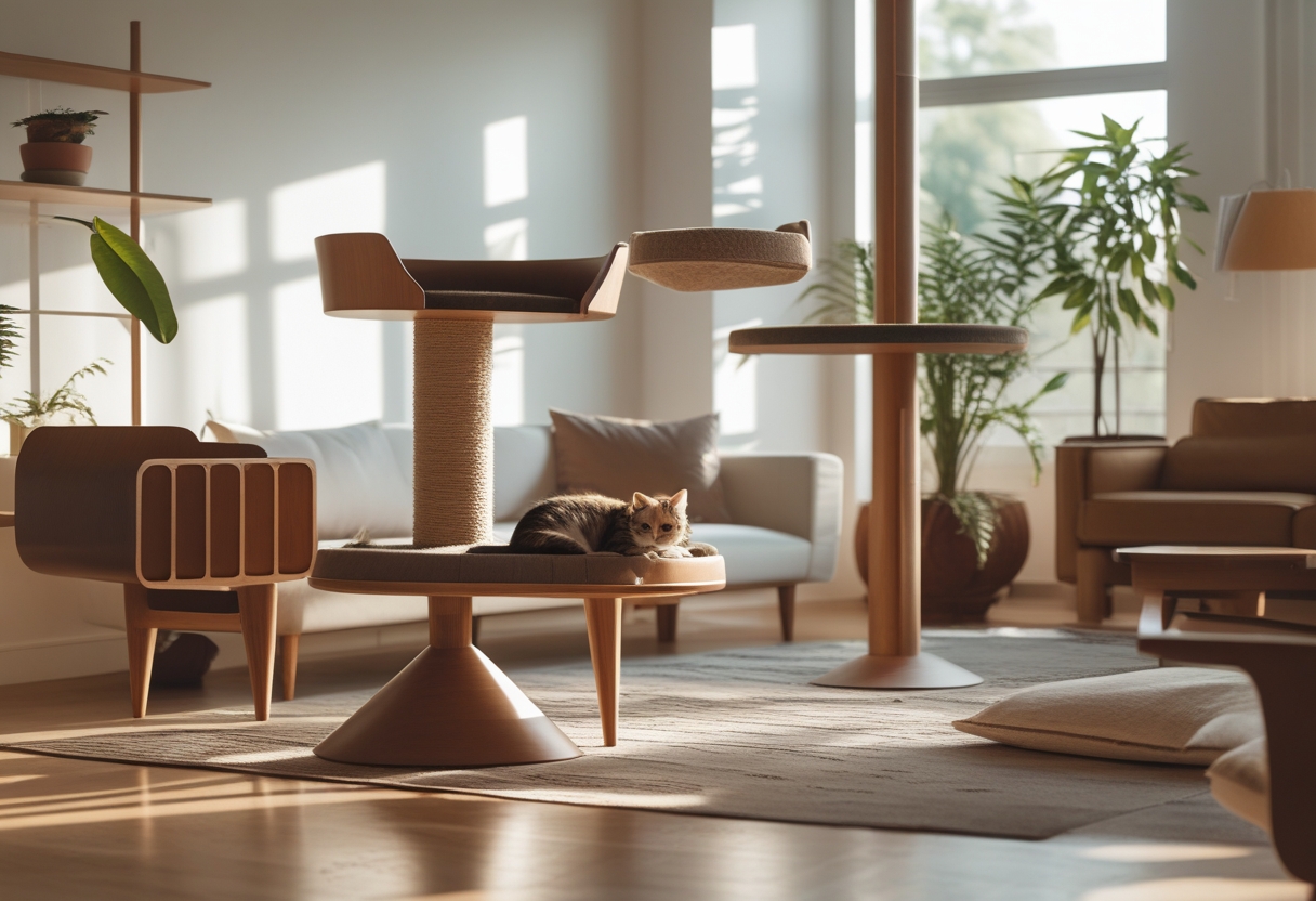 A living room with several pieces of cat furniture and a cat resting on one of them.