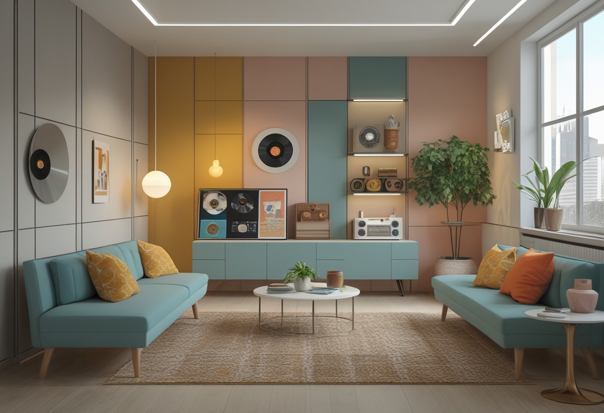 A bright, inviting living room with simple furniture, colorful accents, and decorative items arranged neatly on shelves and tables.