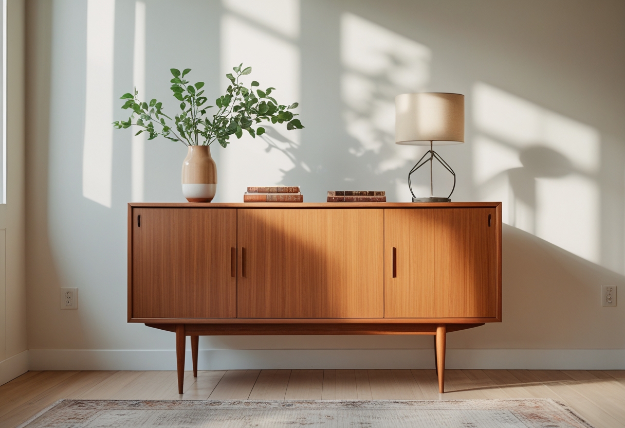 A teak sideboard with tapered legs in a bright living room, decorated with a vase, books, and a lamp.