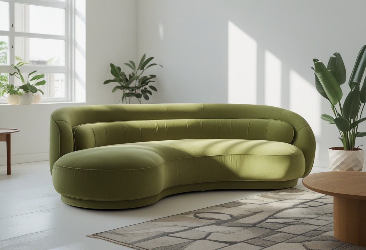 A curved olive-green velvet sofa in a bright living room with white walls, a wooden coffee table, a geometric rug, and potted plants.