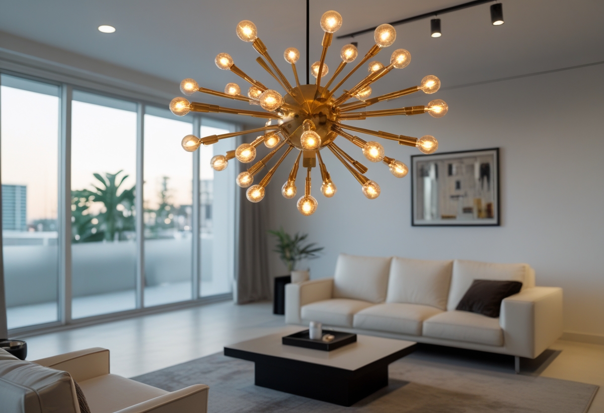 A living room with a brass chandelier hanging from the ceiling, a sofa, coffee table, and a large window letting in natural light.