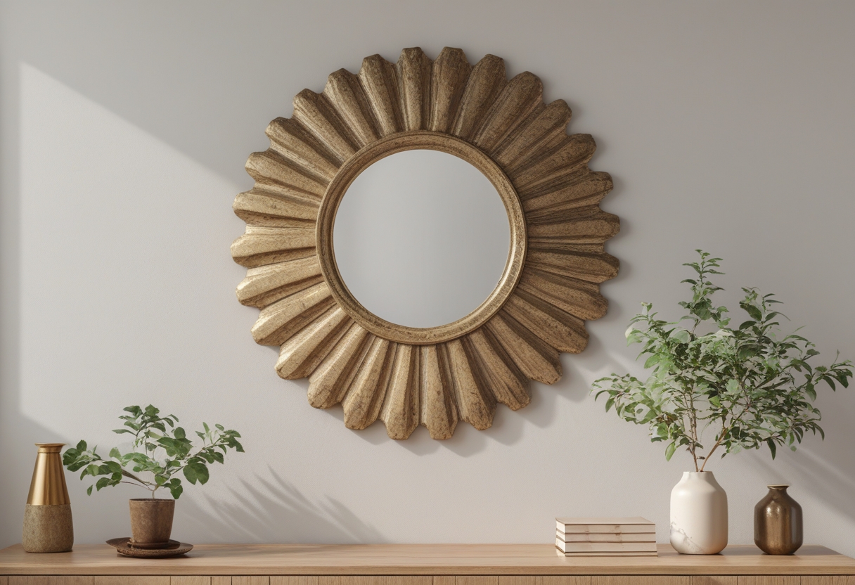 A sunburst mirror with an aged gold frame hangs above a wooden console table with a plant and decorative items on it.