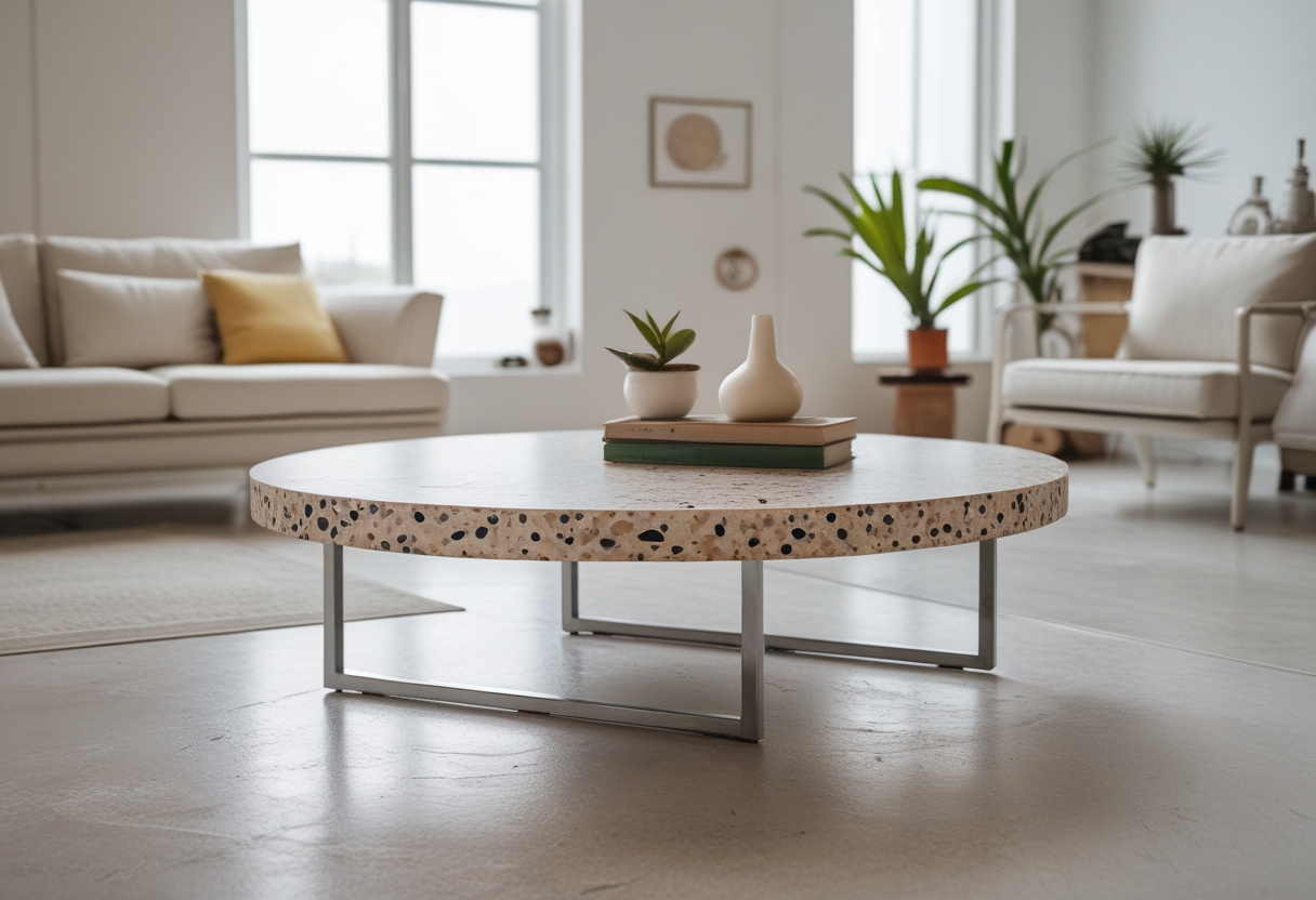 A terrazzo coffee table with a slim metal base in a bright living room with a sofa, armchair, and decorative plants.