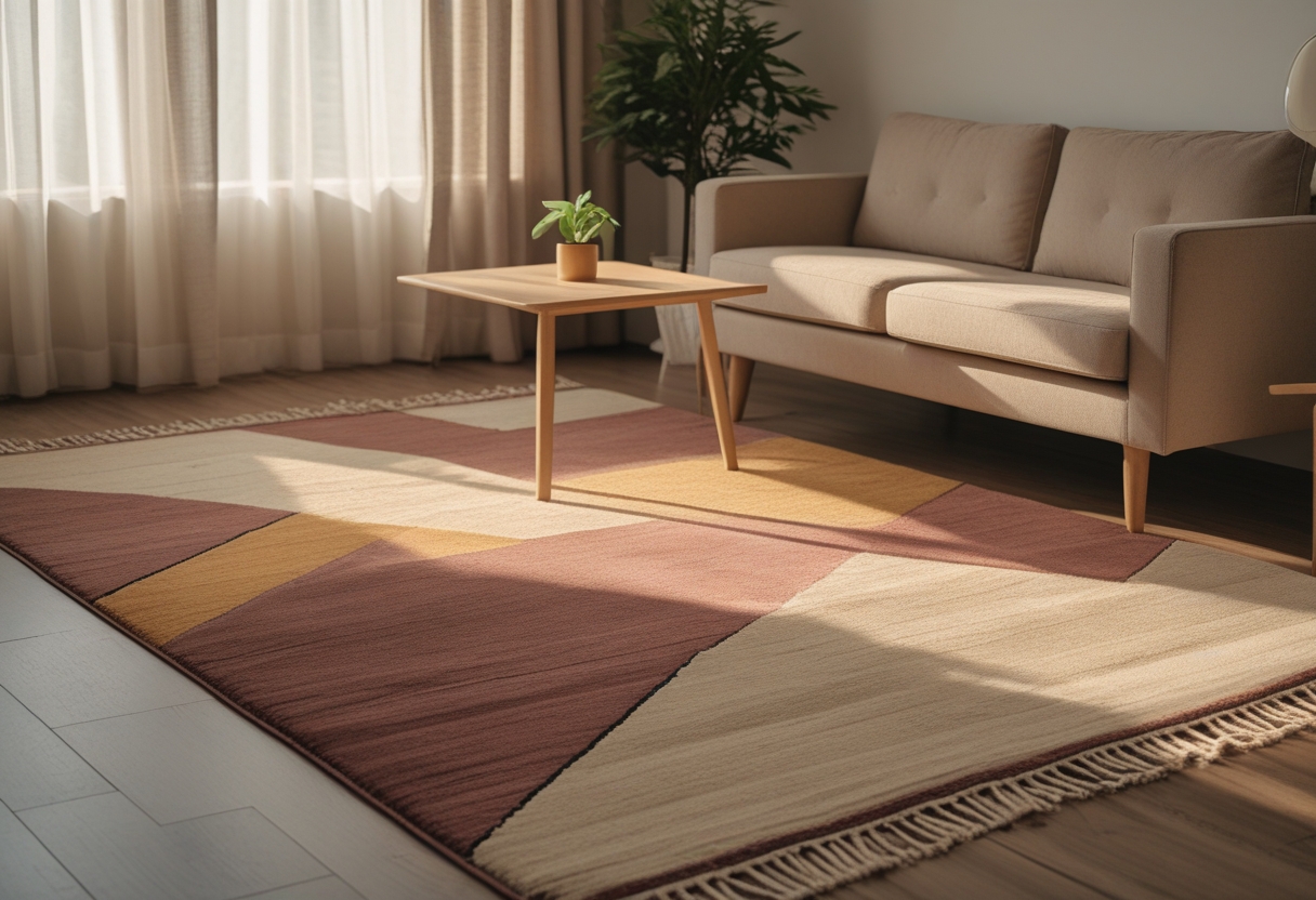 A living room with a geometric rug in ochre, dusty pink, and cream on a wooden floor, featuring a sofa, coffee table, and a potted plant.