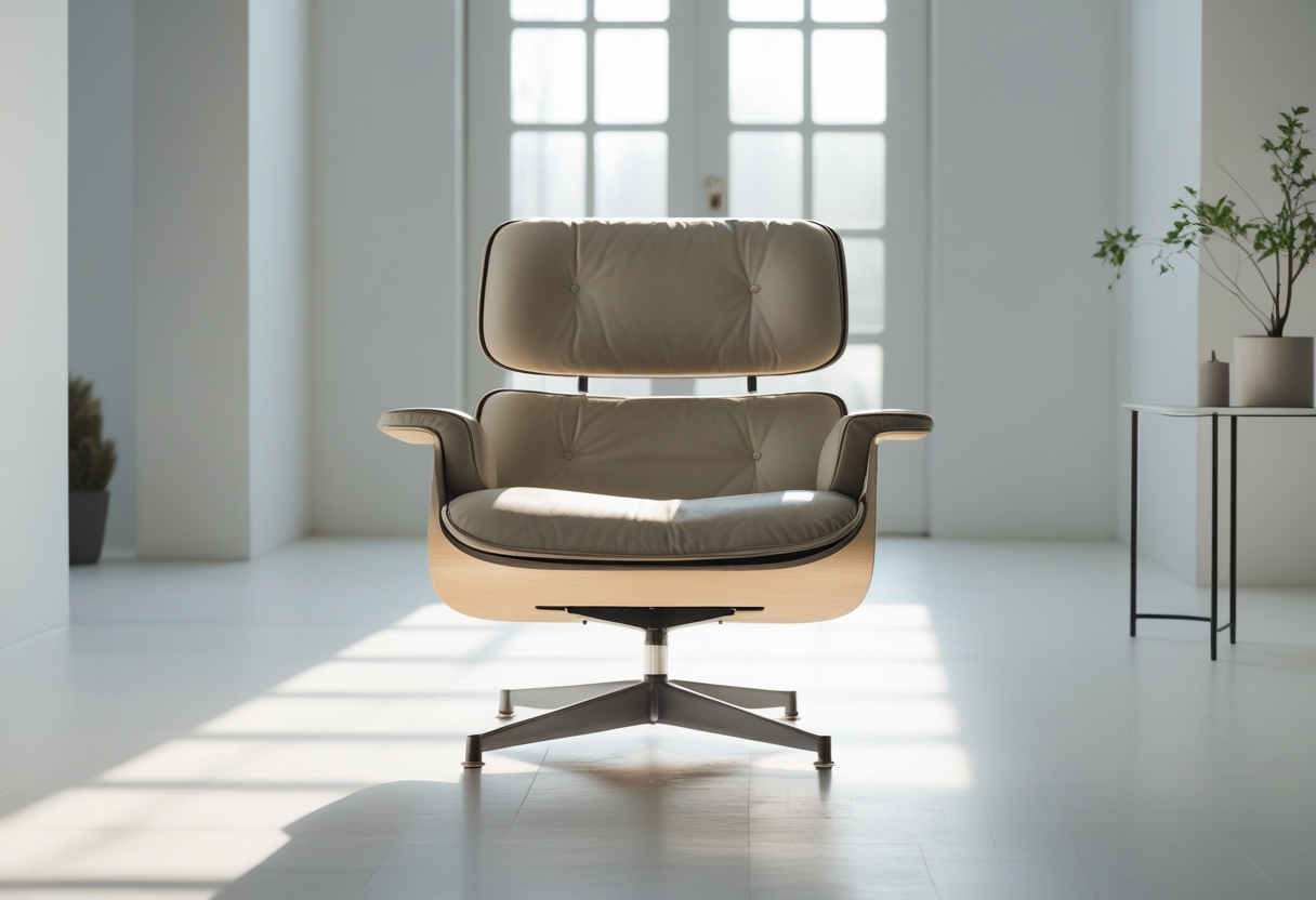 A vintage lounge chair with neutral leather upholstery in a bright, minimalist room with a wooden floor and a small side table with a plant.