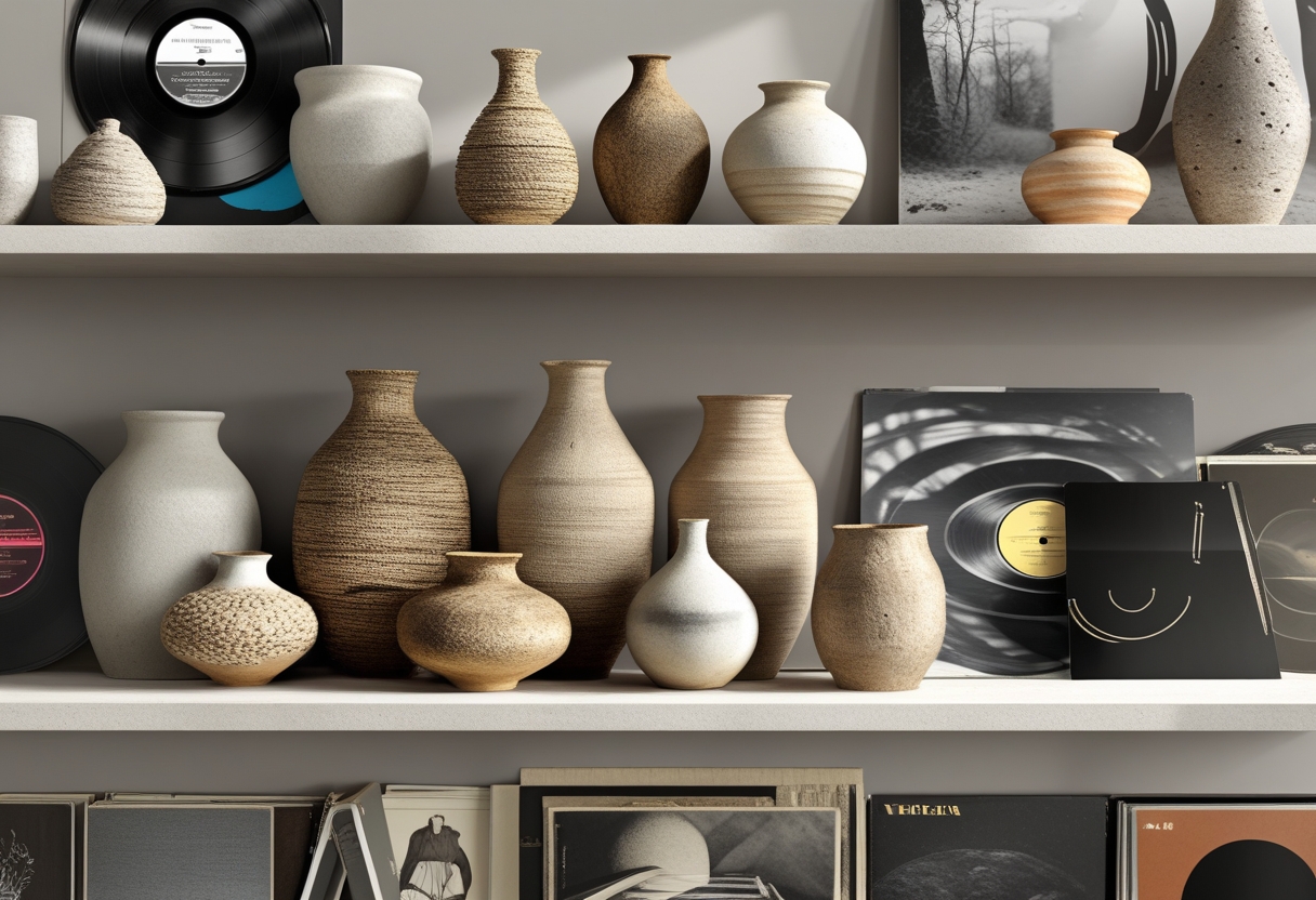Open shelving displaying textured ceramic vases and a collection of vinyl records arranged neatly.