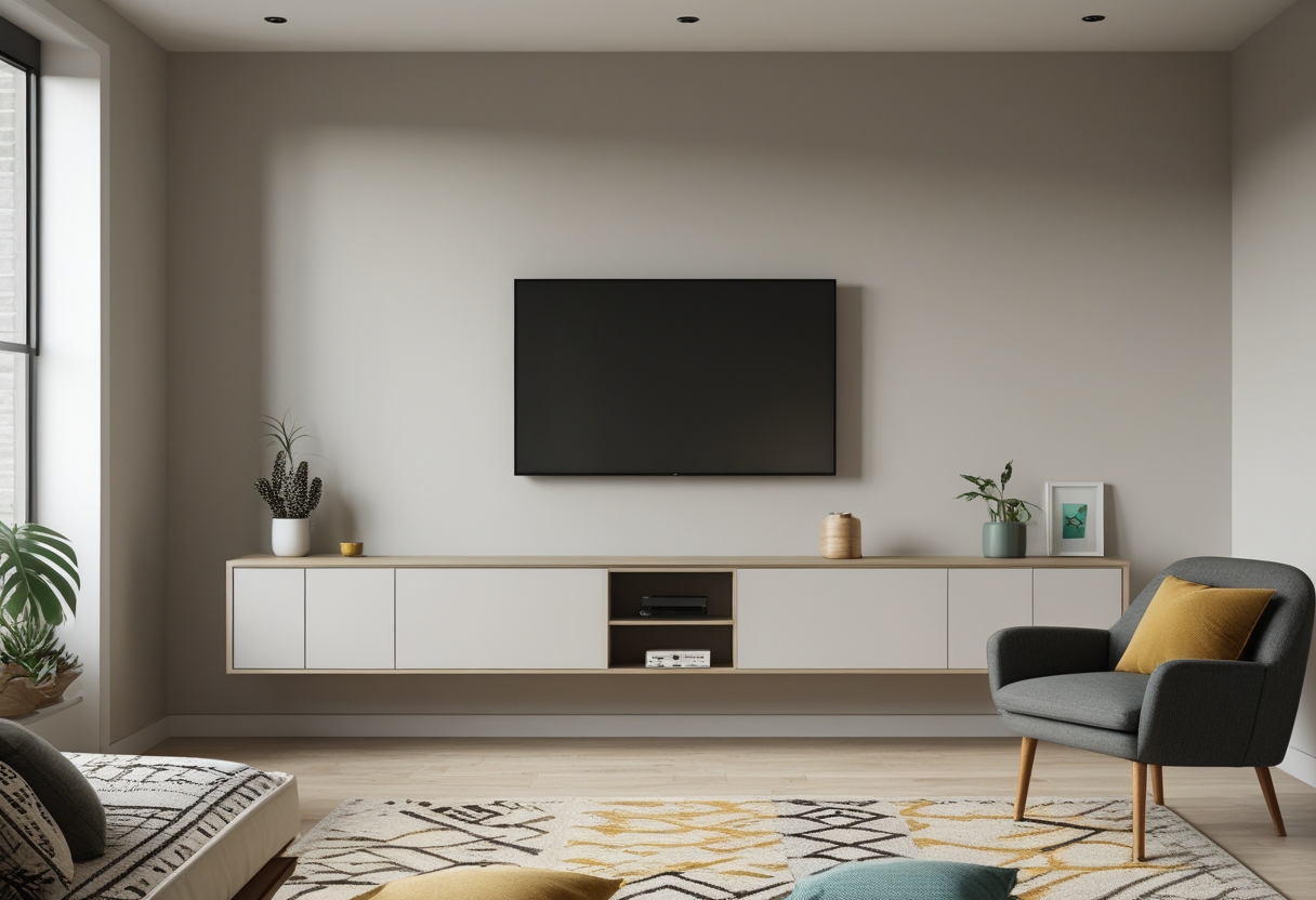 Living room with a wall-mounted floating media console beneath a TV, featuring a chair, rug, and plants.