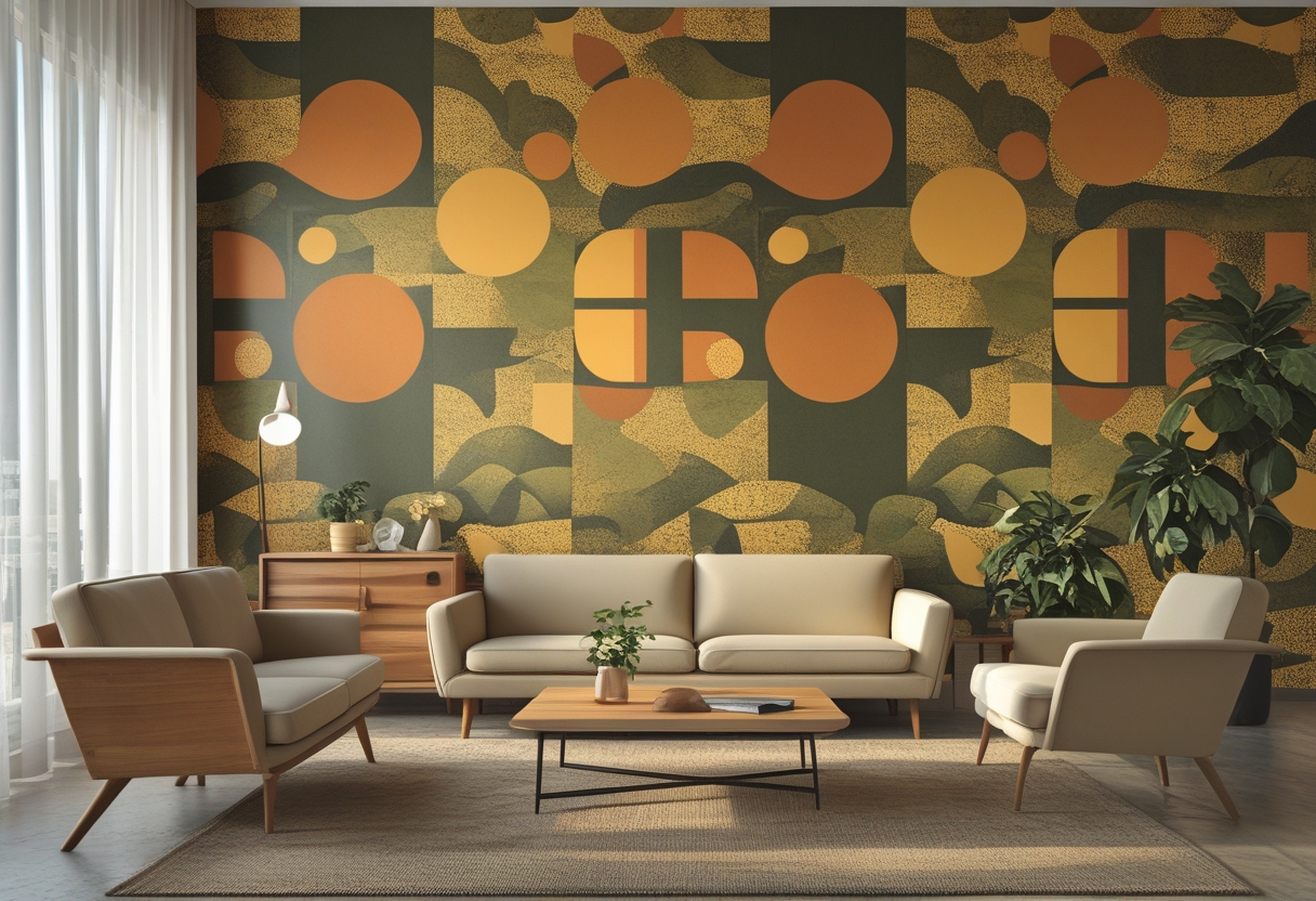 A bright living room with a patterned accent wall featuring large geometric shapes, a beige sofa, wooden sideboard, floor lamp, and potted plants.
