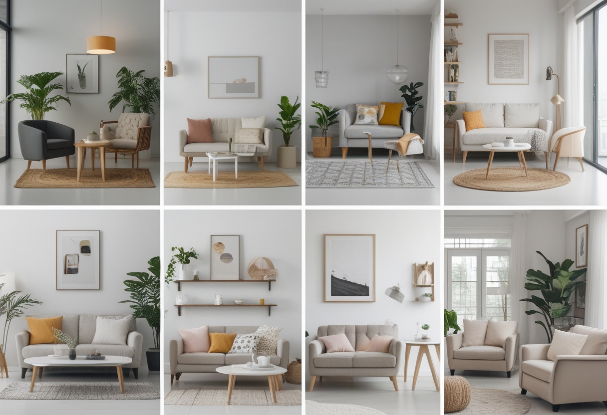 A collection of 10 small living room setups with compact furniture, plants, and decorative items arranged in a bright, clean space.