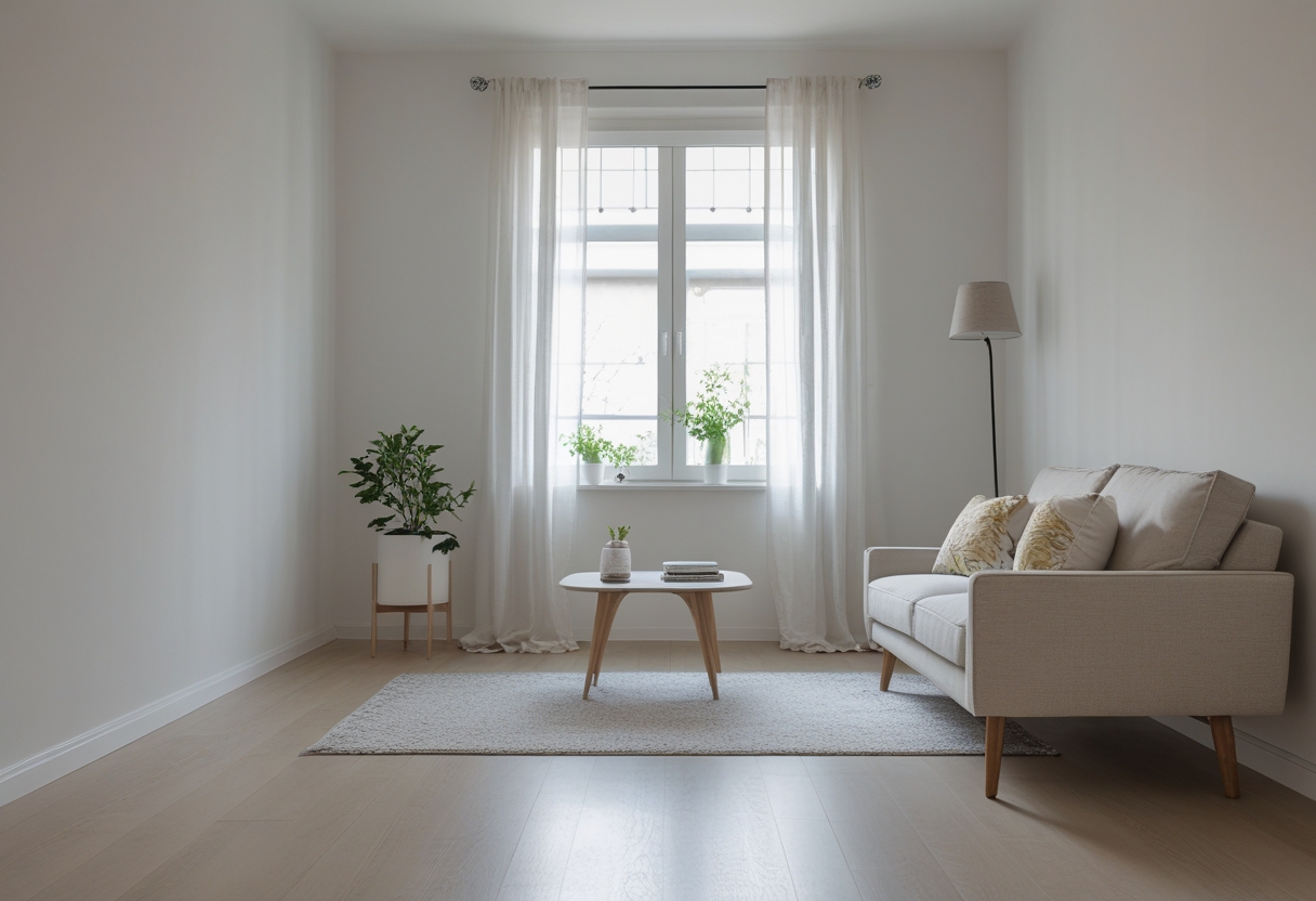 A narrow living room with a slim two-seater sofa, small coffee table, floor lamp, and natural light coming through a window.