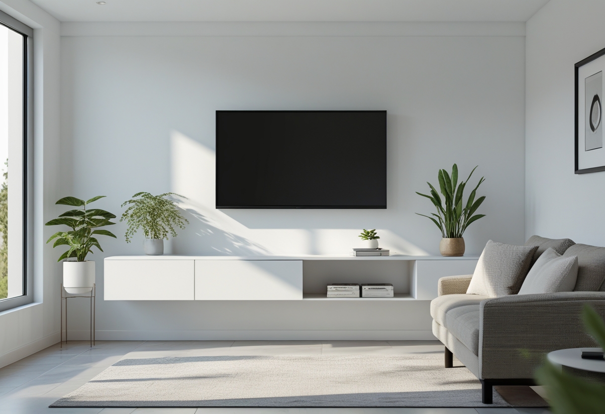 Small living room with a wall-mounted TV and a floating media cabinet underneath, showing an open floor space and simple furniture.