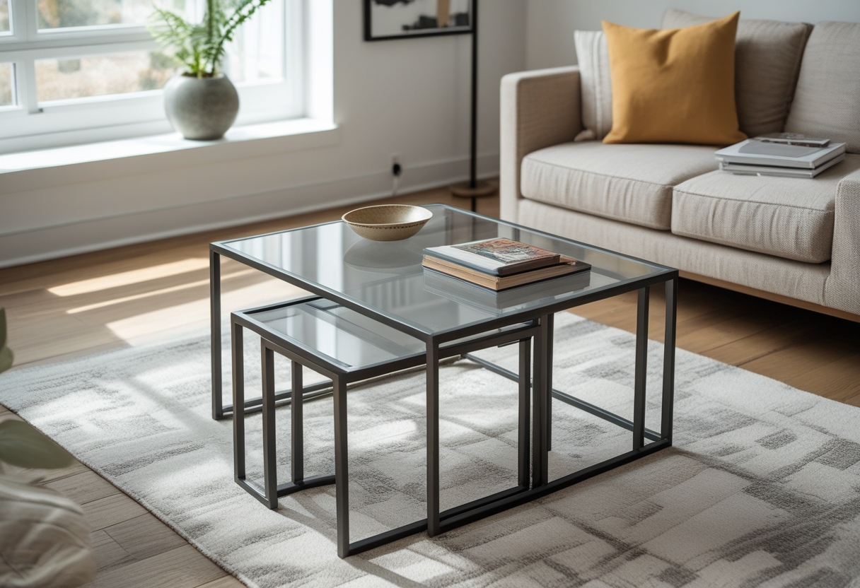 A small living room with nesting metal and glass coffee tables arranged in front of a sofa with natural light coming through a window.