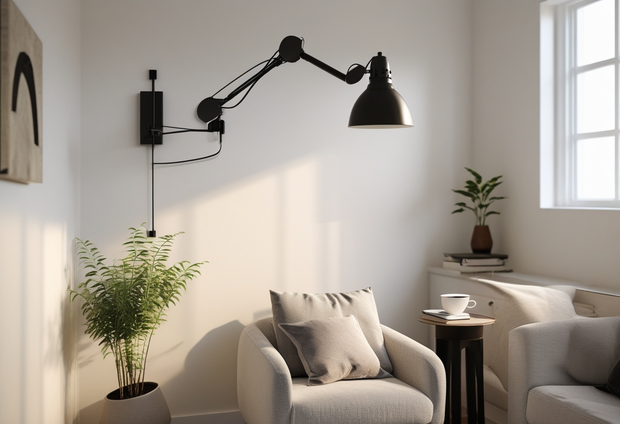 Small living room with a wall-mounted adjustable swing-arm reading lamp above a cozy armchair and side table.