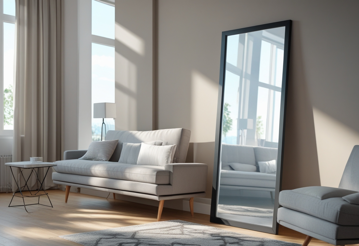 A small living room with a full-length mirror leaning against the wall, reflecting the room to create a sense of more space.