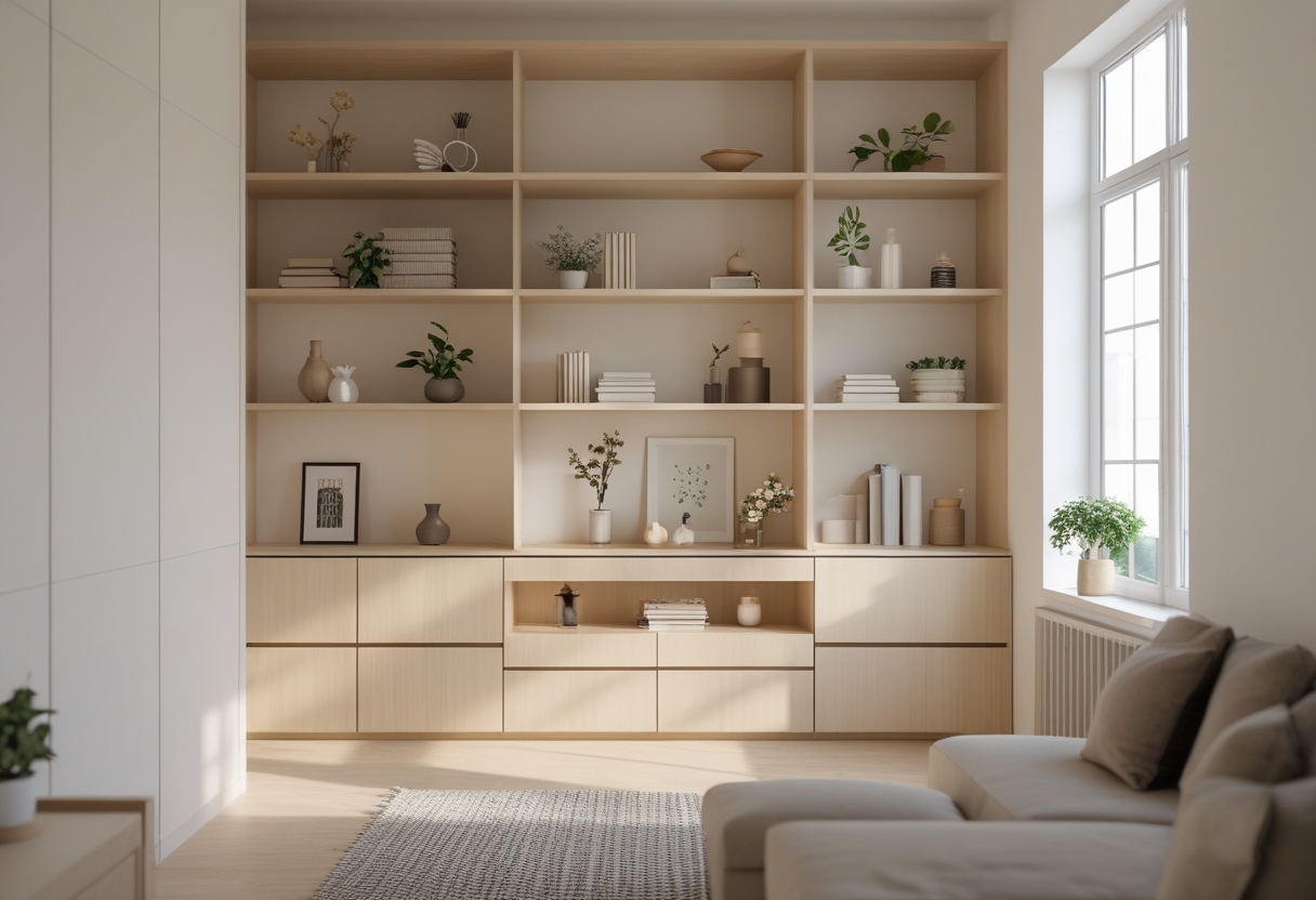 Small living room with built-in floor-to-ceiling shelving and integrated drawers filled with books and decor items.