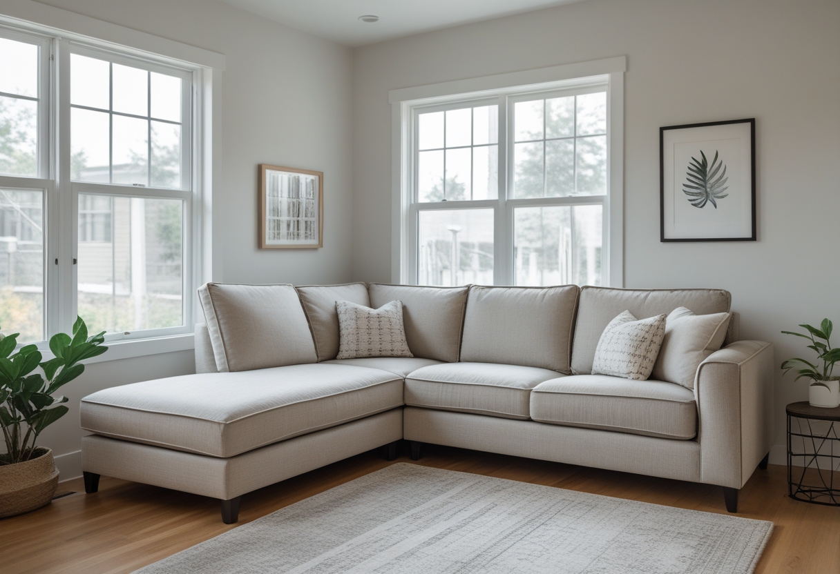 Small living room with a low-profile sectional sofa and chaise positioned under a window, with natural light filling the space.
