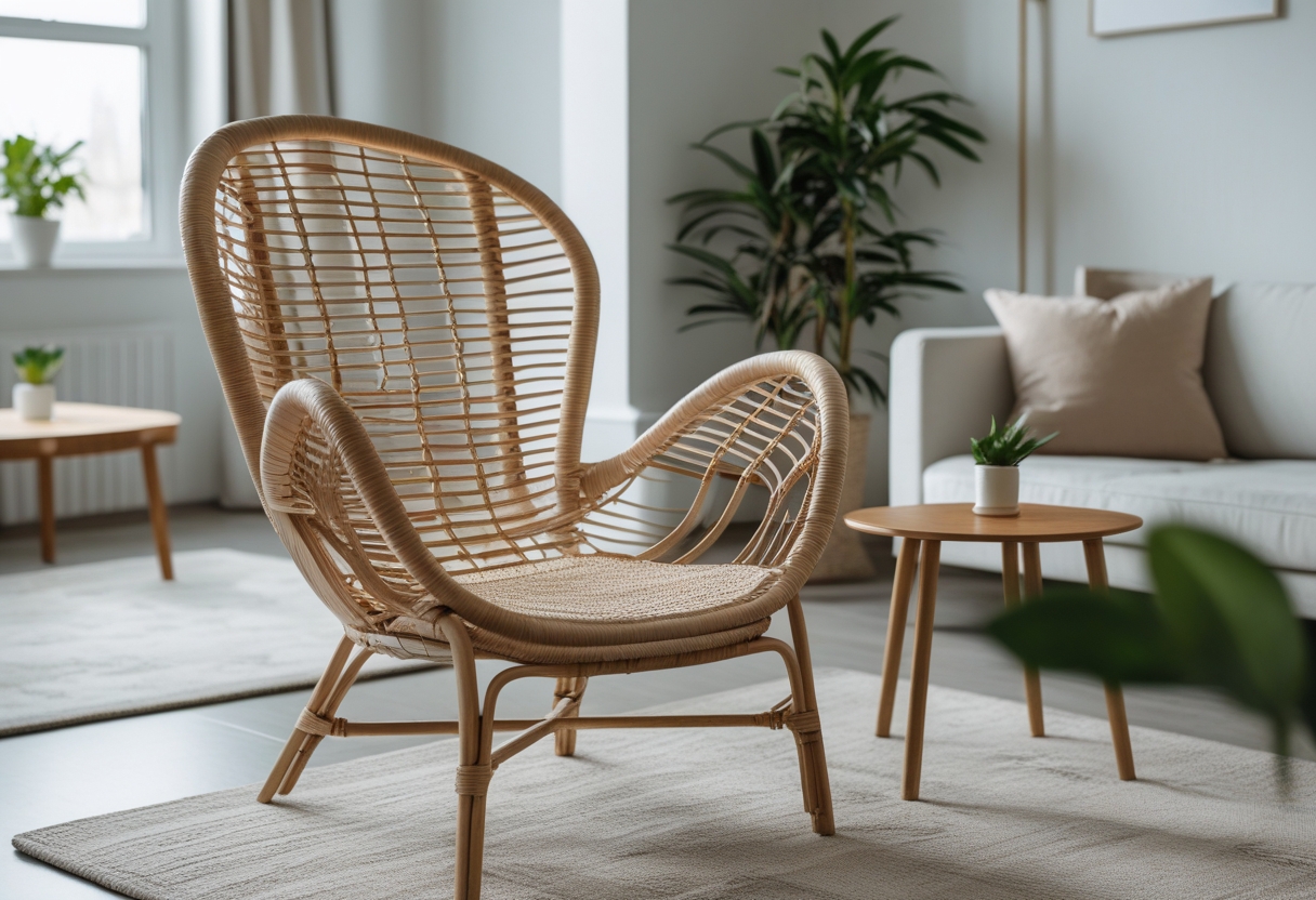 A small living room with a lightweight rattan chair near a window, a wooden coffee table, plants, and simple decor.