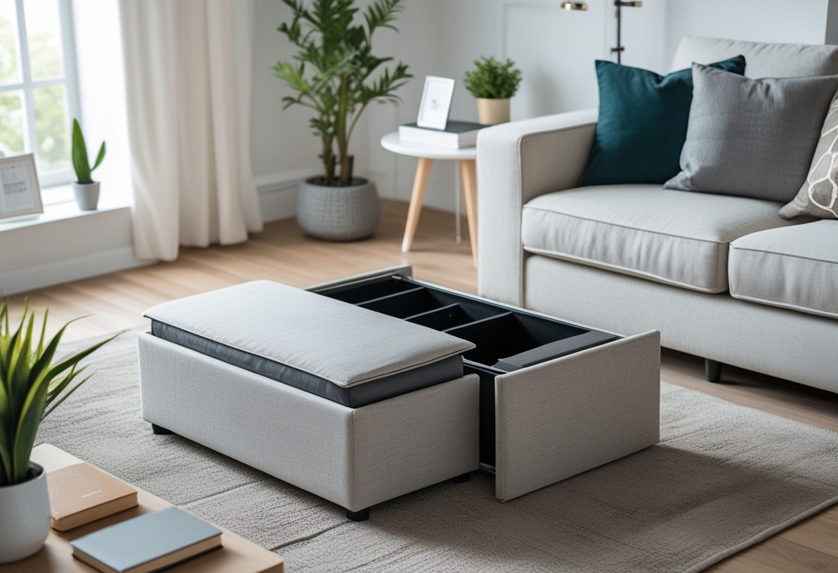 A small living room with a roll-out storage ottoman opened to show hidden compartments, surrounded by a sofa, coffee table, and plants.