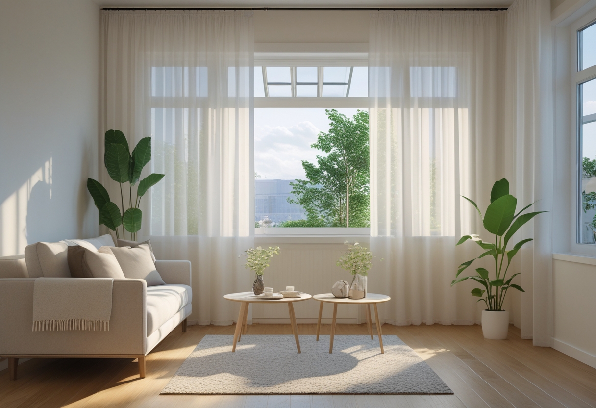 A small living room with large windows covered by sheer white curtains, a sofa, coffee table, and plants.