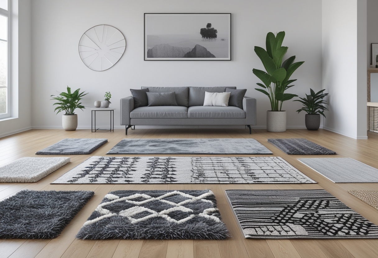 Living room with a grey couch surrounded by ten different grey rugs showcasing various textures and patterns.