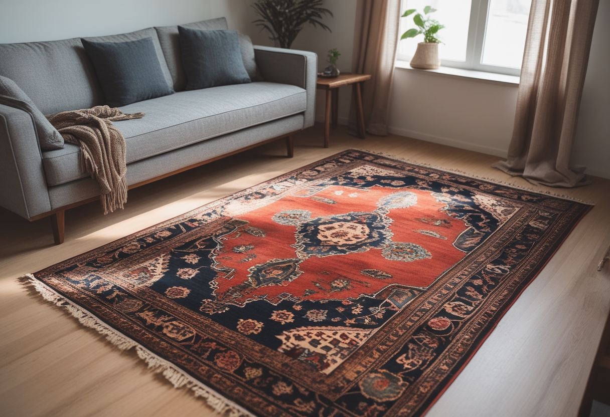 A living room with a grey couch and a colorful patterned rug on the floor.