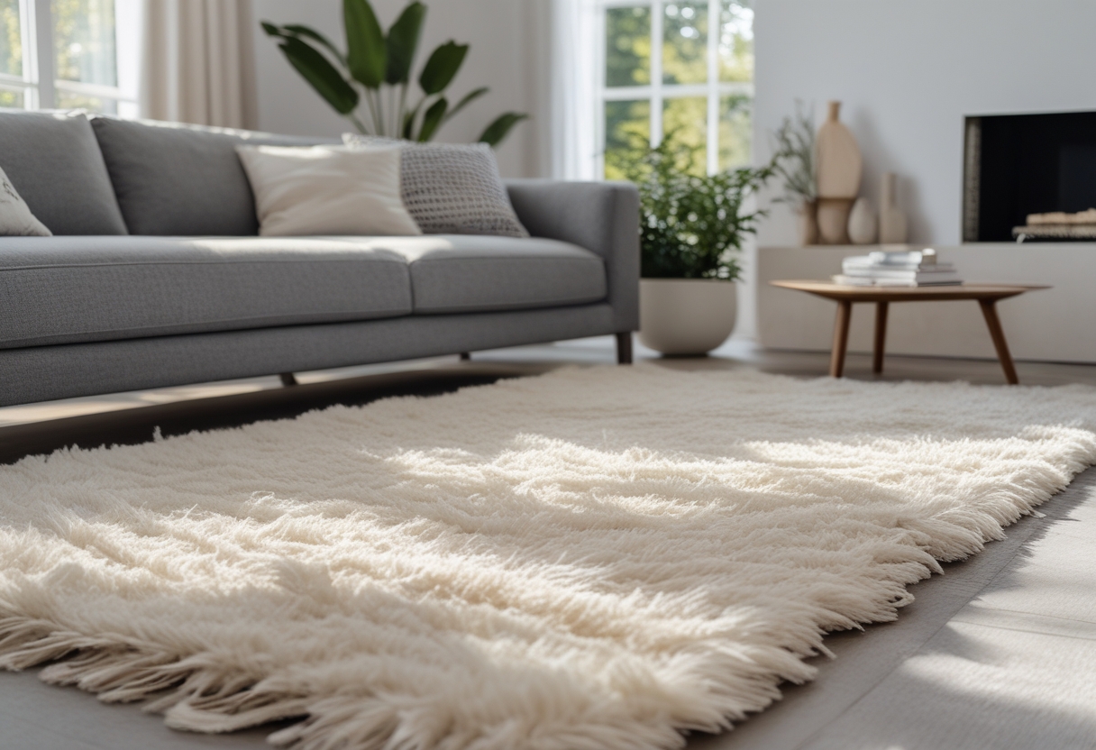 A living room with a grey couch and an off-white shag rug, featuring a wooden coffee table and natural light coming through large windows.