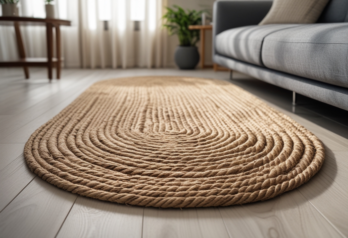 Living room with a grey couch and a natural tan braided rug on a light hardwood floor, with a wooden coffee table and minimal decor.