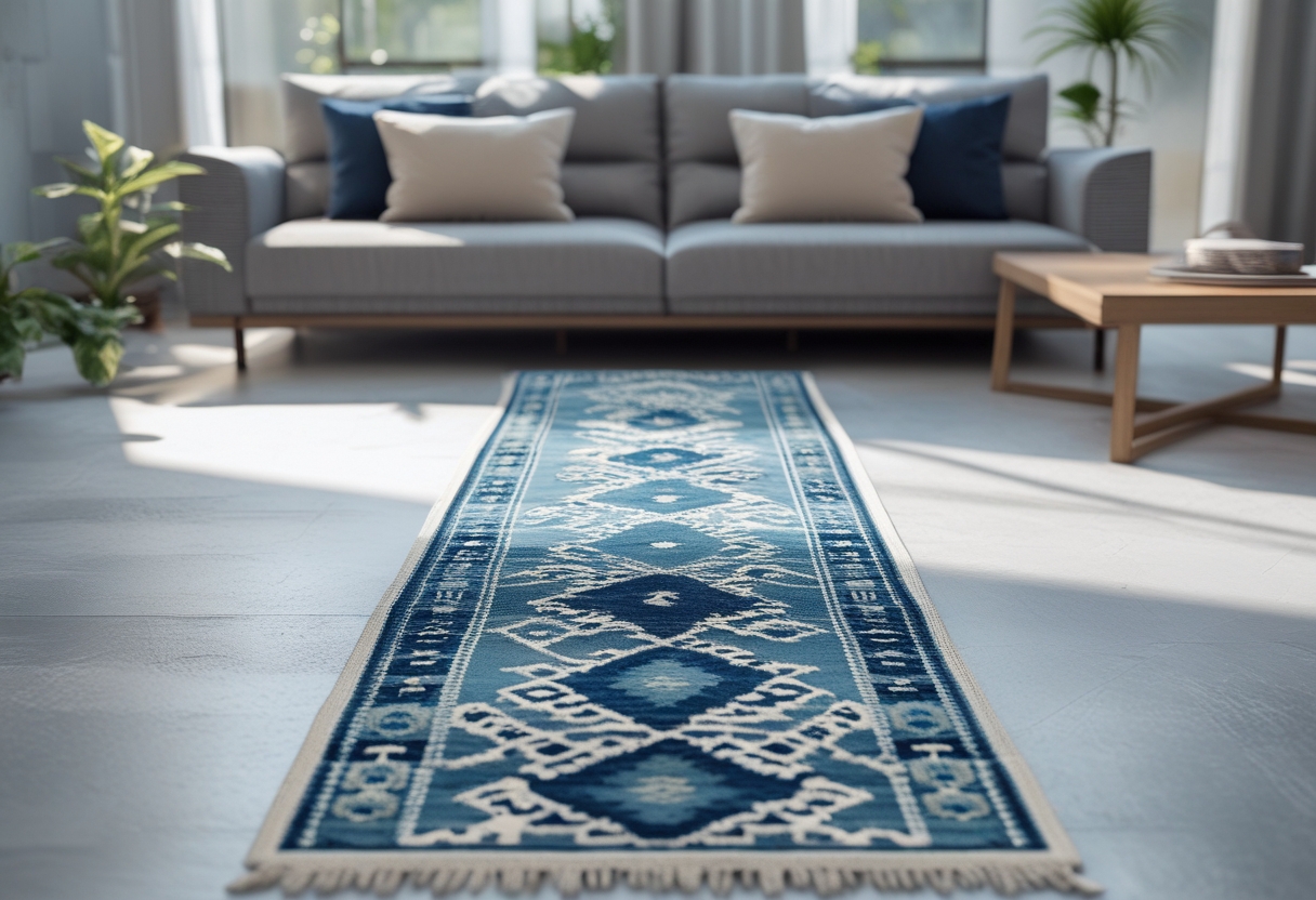Living room with a grey couch and a blue patterned runner rug on the floor.