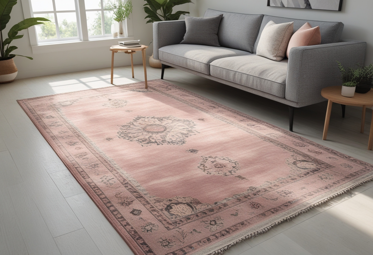 Living room with a grey couch on a muted blush pink oriental rug, surrounded by plants and a coffee table.