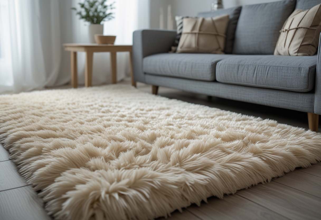 Living room with a grey couch and a cream shag rug on the floor in front of it.