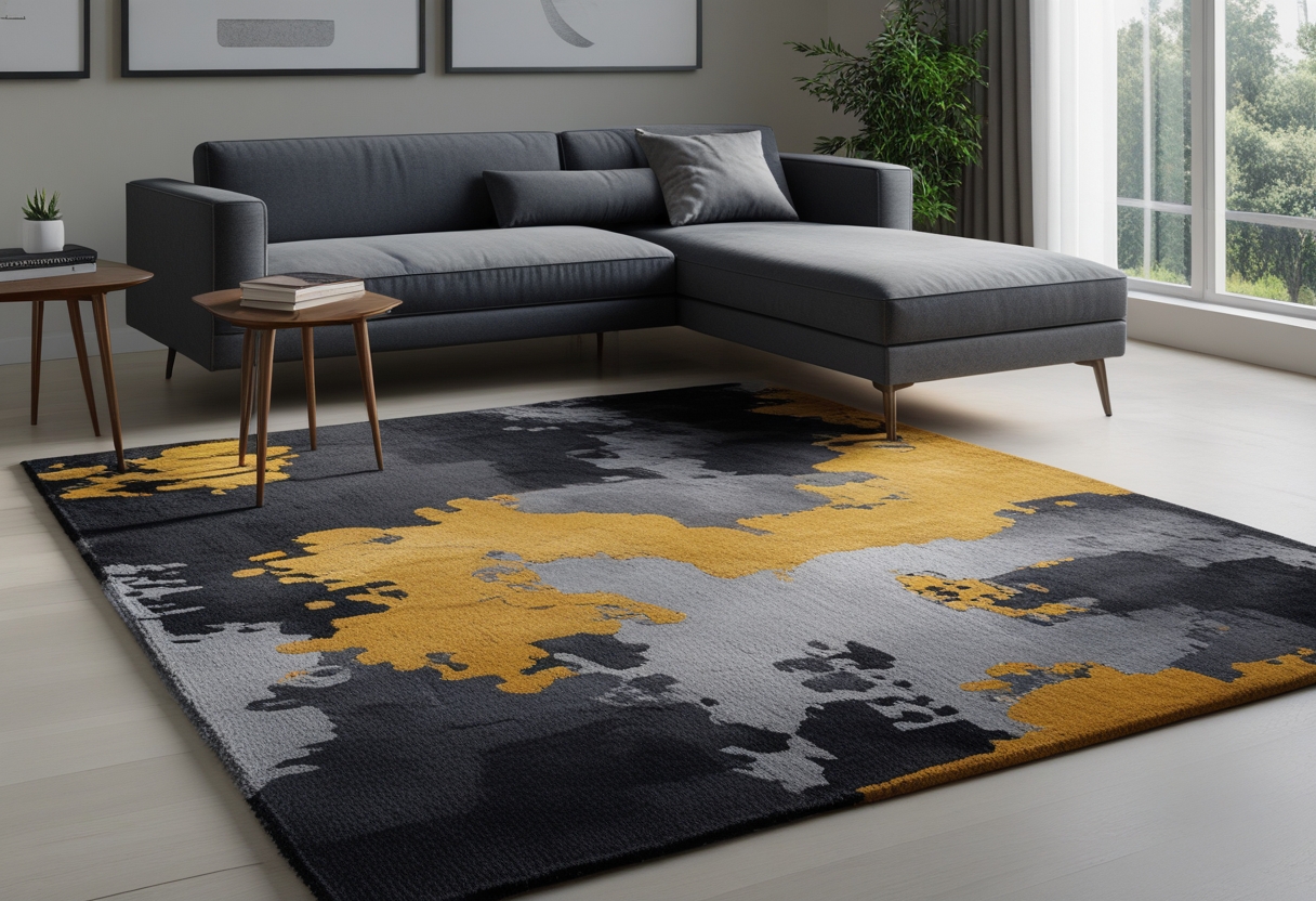 Living room with a grey couch on a charcoal and mustard abstract rug, wooden coffee table, and natural light.