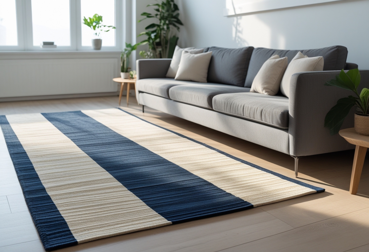 Living room with a grey couch on a navy and cream striped rug, wooden floor, and plants.
